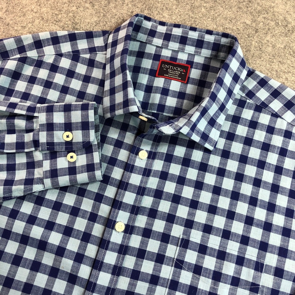 UNTUCKit Mens Button Down Shirt XXL Blue Gingham Mariano Wrinkle Free L/S
